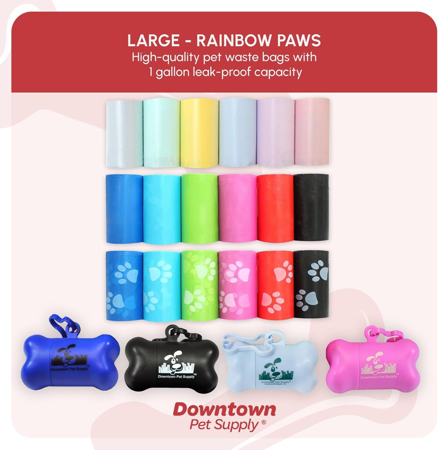 Poop Bags for Dogs with Dispenser, 500 Count - Leak-Proof Dog Waste Bags and Bone-Shaped Dog Poop Bags Holder for Leash - Rainbow with Paw Prints, 12.5" X 8.5"