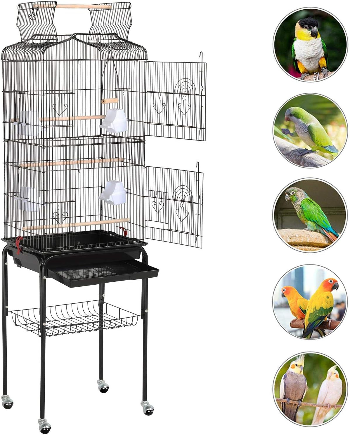 Yaheetech 64'' Bird Cage, Open Top Parakeet Cage W/Slide-Out Tray, Feeders, Detachable Rolling Stand, Bird Cages for Parrot, Cockatiel, Budgie, Parakeets, Lovebird, Small Medium Birds