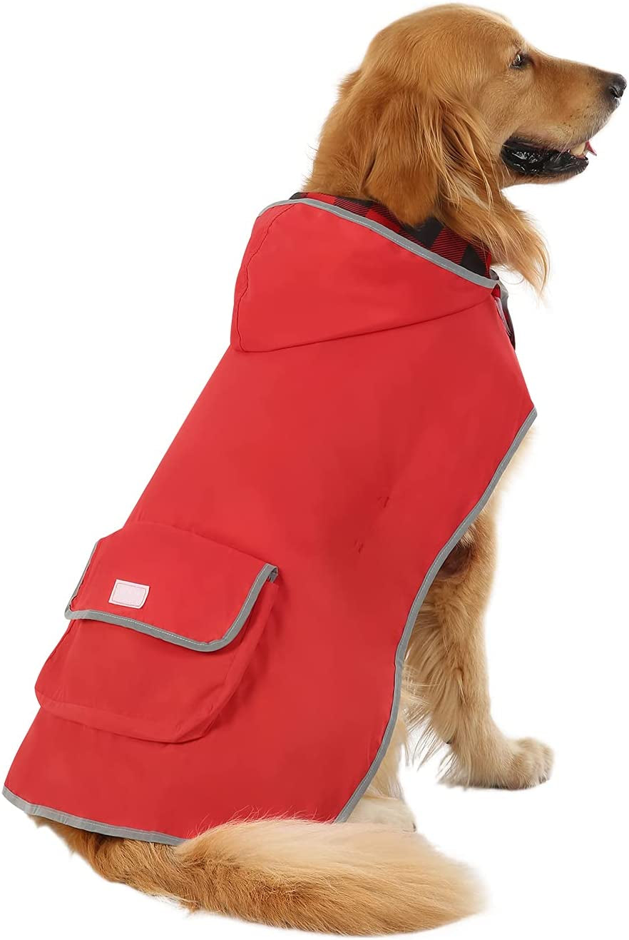 Reversible Dog Raincoat Hooded Slicker Poncho Rain Coat Jacket for Small Medium Large Dogs Buffalo Plaid Red - XXL
