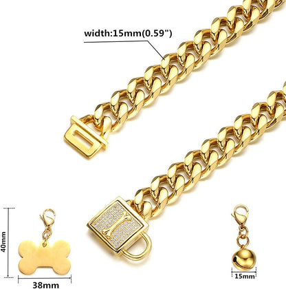 Gold Chain Dog Collar Walking Trainning Chain Collar with CZ Lock ID Tag and Bell Chew Proof 11MM/15MM/19MM Stainless Steel Cuban Link Chain for Small Medium Large Dogs (15Mm, 10Inch)