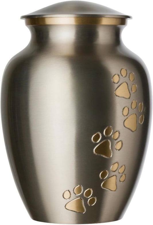 Ottillie Paws Legacy Series Pet Urn for Dogs and Cats, Handmade Brass Memorial Cremation Urn (Small - Pets up to 25 Lbs, Pewter, Vertical Brass Paws)