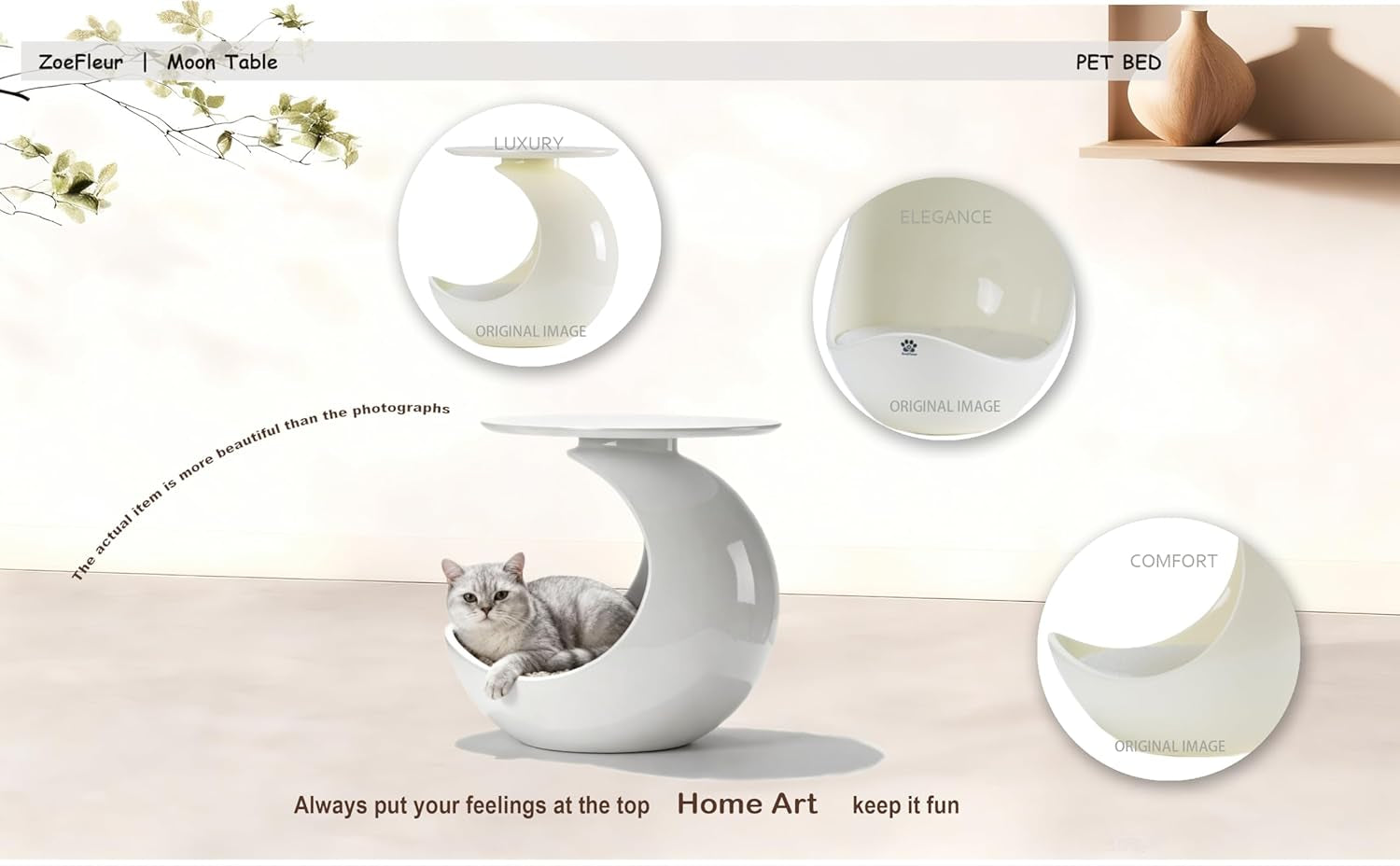 Crescent Moon 2-In-1 Human & Pet Side Table, Resin Cat Cave Hideout, Indoor Cat Shelter Pet Furniture