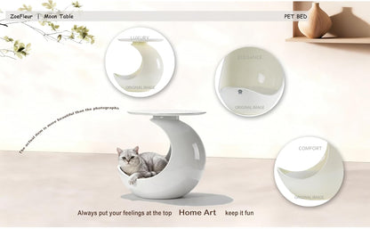 Crescent Moon 2-In-1 Human & Pet Side Table, Resin Cat Cave Hideout, Indoor Cat Shelter Pet Furniture