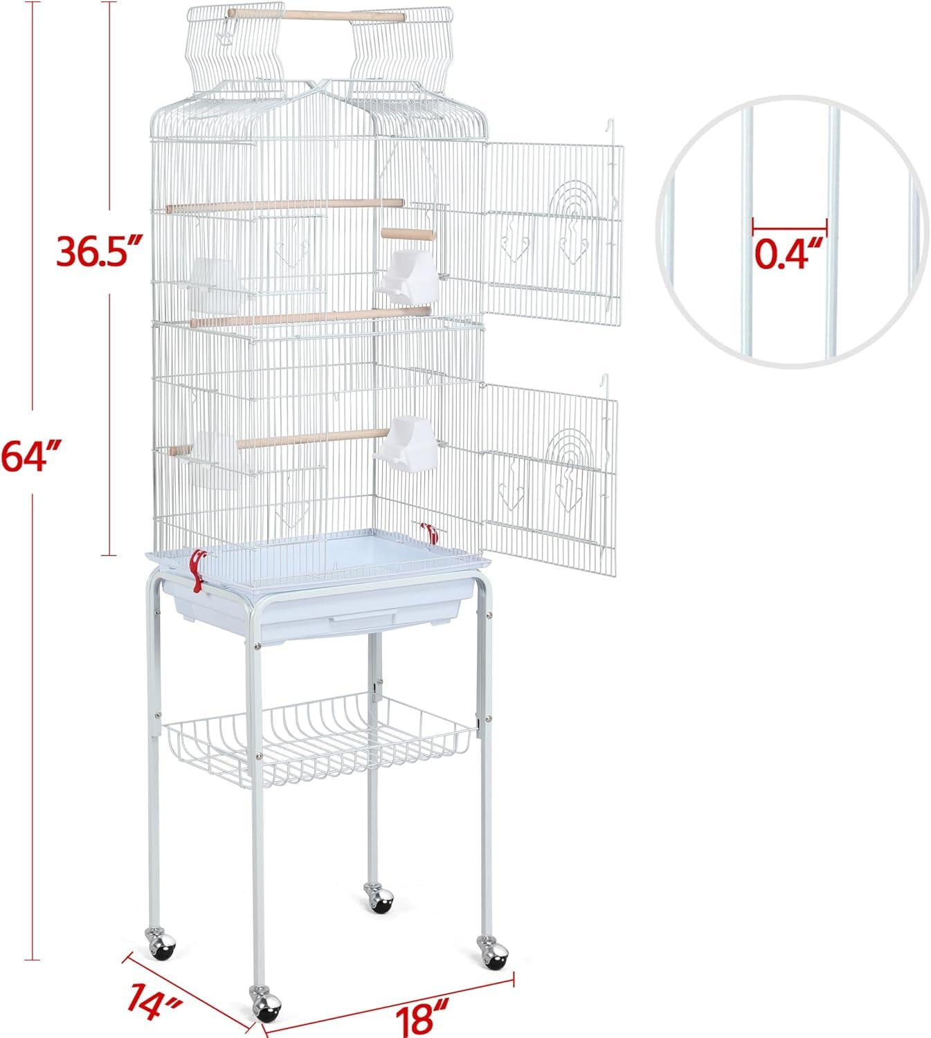 Yaheetech 64-Inch Open Play Top Bird Cages for Parakeets Cockatiels Finches Lovebirds Canaries Conures Budgies Parrot Birdcage W/Detachable Rolling Stand, White
