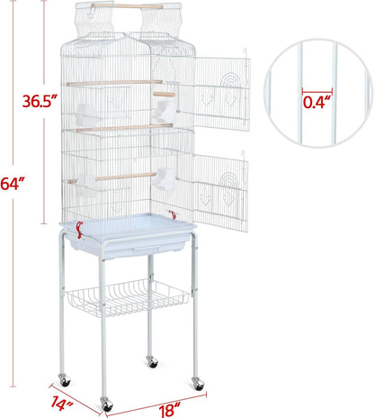 Yaheetech 64-Inch Open Play Top Bird Cages for Parakeets Cockatiels Finches Lovebirds Canaries Conures Budgies Parrot Birdcage W/Detachable Rolling Stand, White
