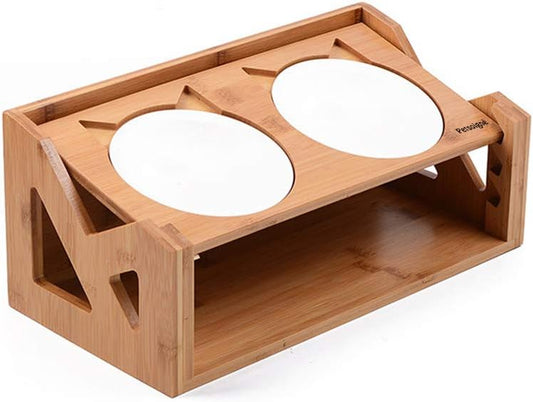 Cat Bowls Pet Dining Table with Raised Slope Wooden Stand Elevated Pet Bowls with Oblique Stand for More Comfortable Eating for Cats, Dogs, Kitten and Puppy (Double Bowl, Liftable)