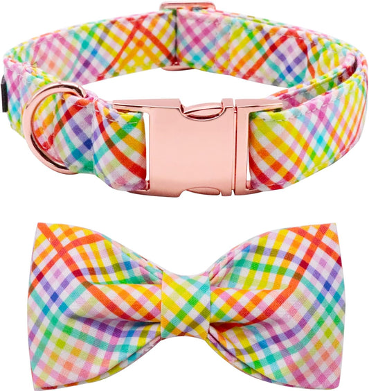 Easter Dog Collar with Bowtie - Colorful Cute Cotton Bowtie Dog Collar with Metal Buckle for Large Dog Girl Boy, L, Neck 16-24In