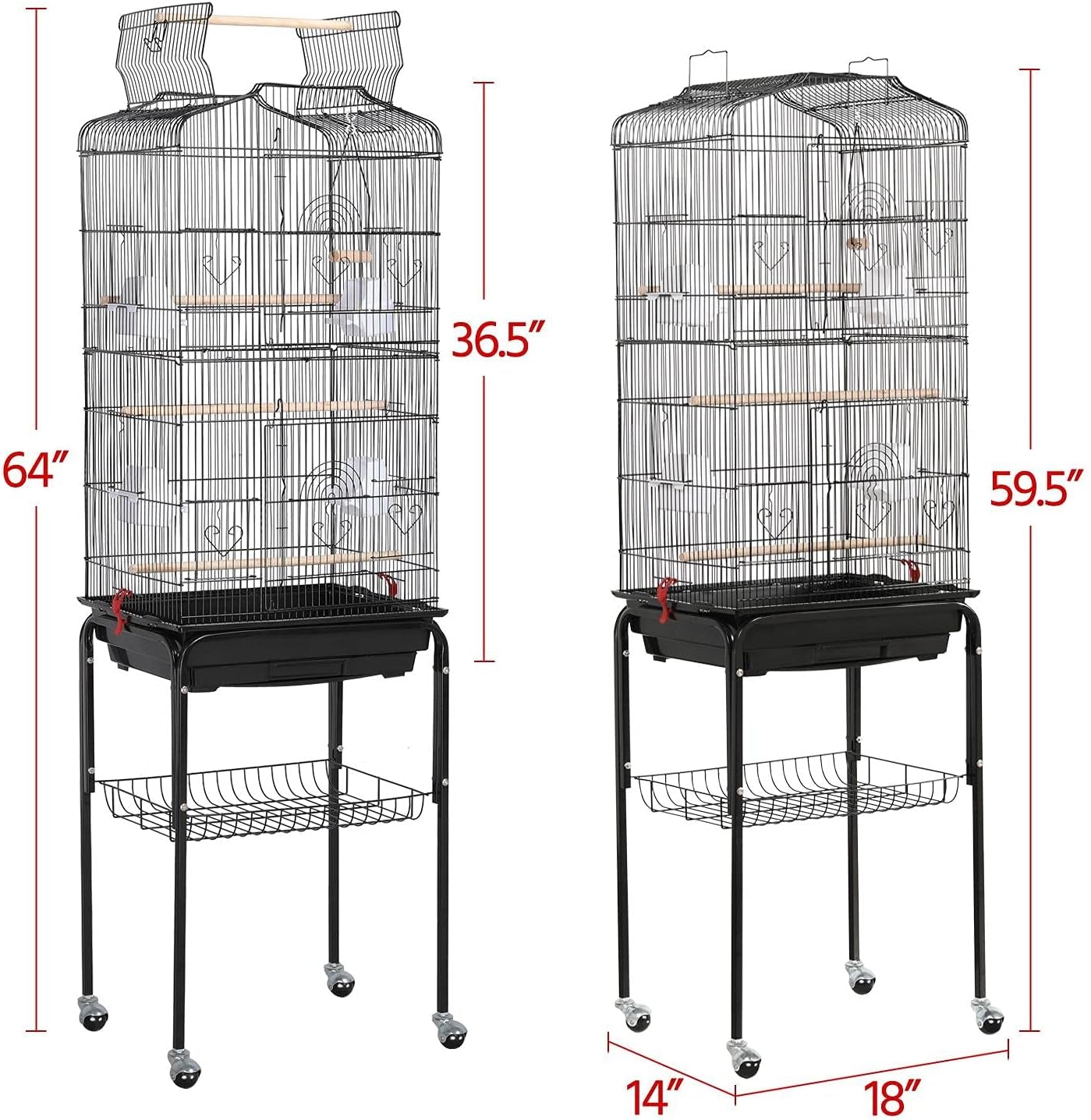 Yaheetech 64'' Bird Cage, Open Top Parakeet Cage W/Slide-Out Tray, Feeders, Detachable Rolling Stand, Bird Cages for Parrot, Cockatiel, Budgie, Parakeets, Lovebird, Small Medium Birds