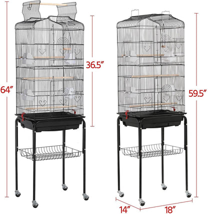 Yaheetech 64'' Bird Cage, Open Top Parakeet Cage W/Slide-Out Tray, Feeders, Detachable Rolling Stand, Bird Cages for Parrot, Cockatiel, Budgie, Parakeets, Lovebird, Small Medium Birds