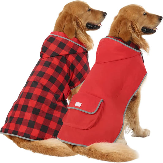 Reversible Dog Raincoat Hooded Slicker Poncho Rain Coat Jacket for Small Medium Large Dogs Buffalo Plaid Red - XXL