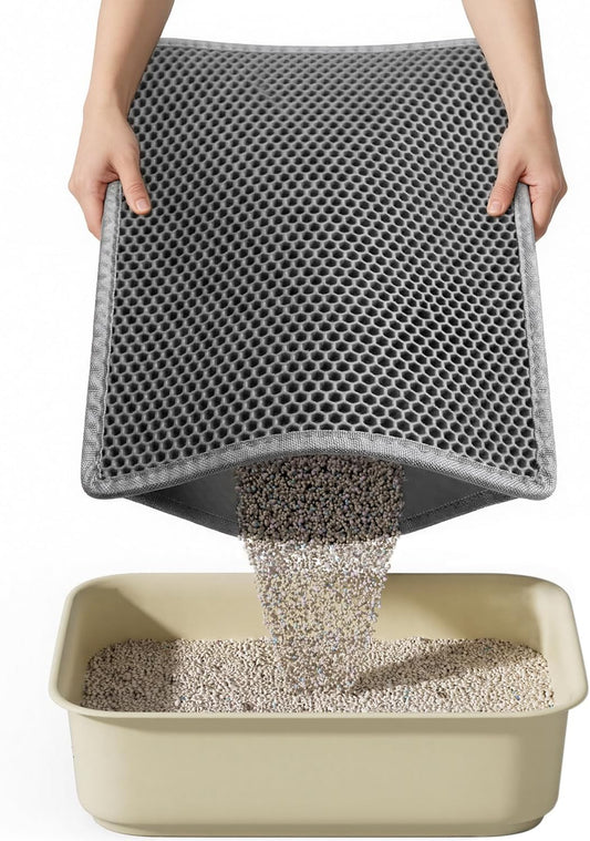 Cat Litter Mat, 15"X24" Small Double Layer Litter Trapping Mat, Waterproof/Urineproof, Easy to Clean Kitty Litter Mats for Floor, Scatter Control (Grey-1Pack)
