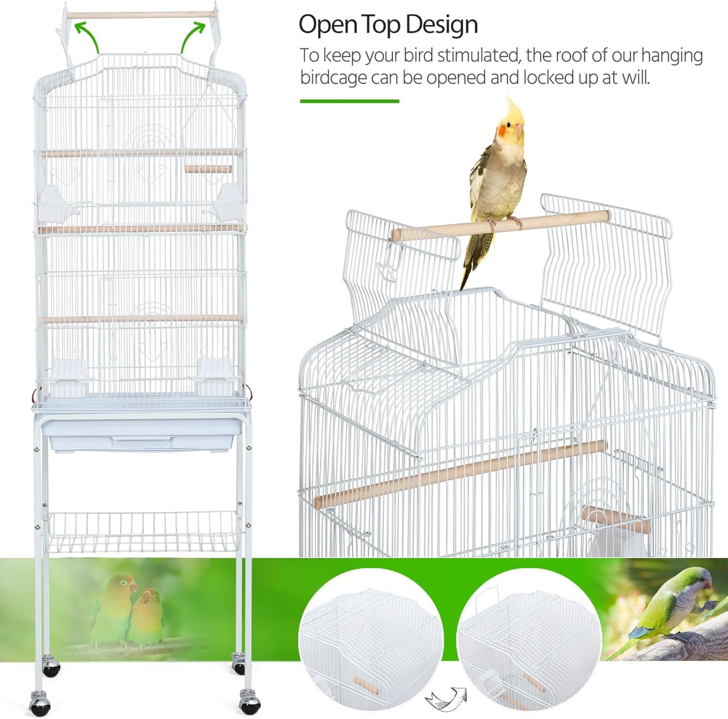 Yaheetech 64-Inch Open Play Top Bird Cages for Parakeets Cockatiels Finches Lovebirds Canaries Conures Budgies Parrot Birdcage W/Detachable Rolling Stand, White