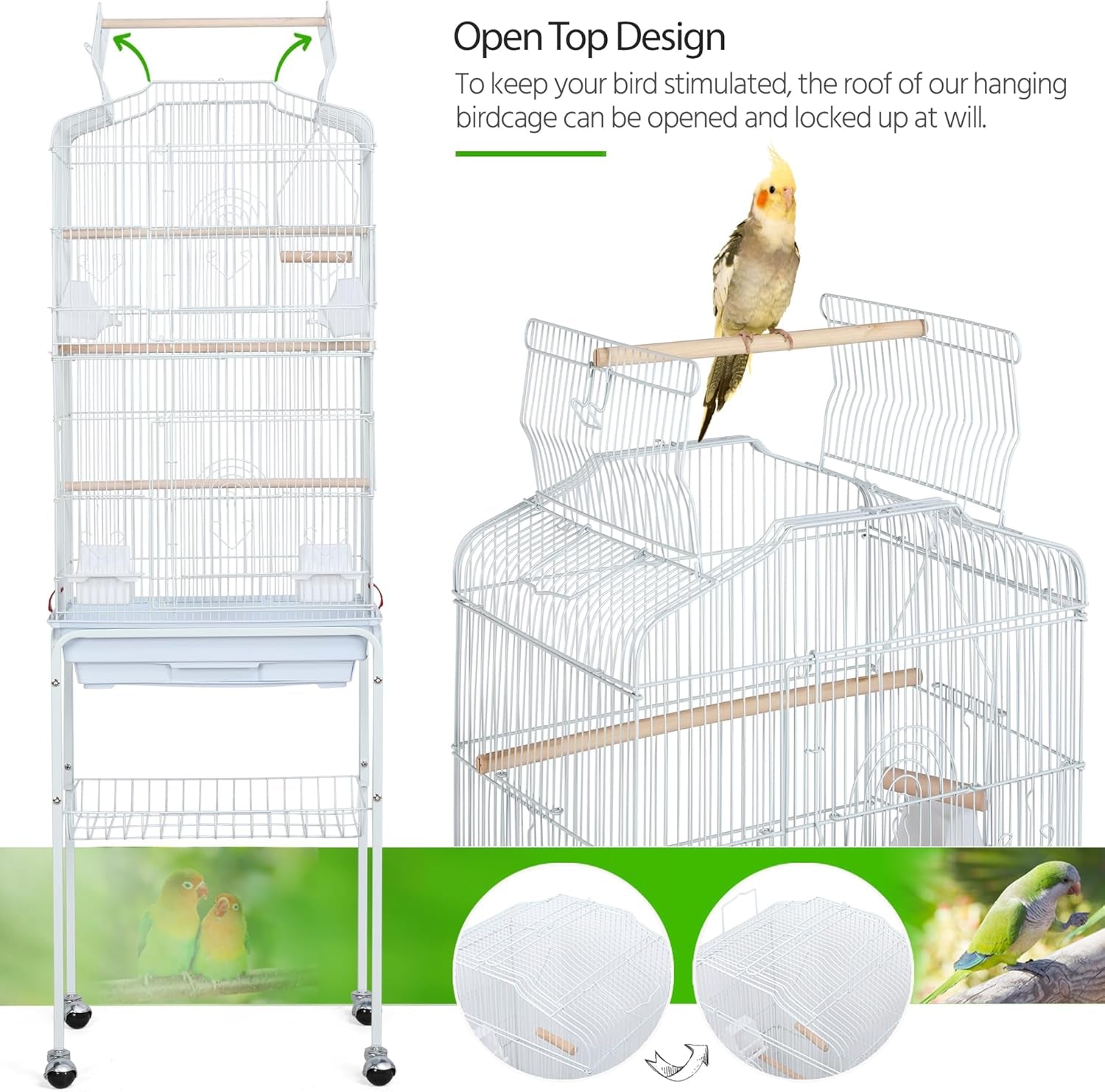 Yaheetech 64-Inch Open Play Top Bird Cages for Parakeets Cockatiels Finches Lovebirds Canaries Conures Budgies Parrot Birdcage W/Detachable Rolling Stand, White