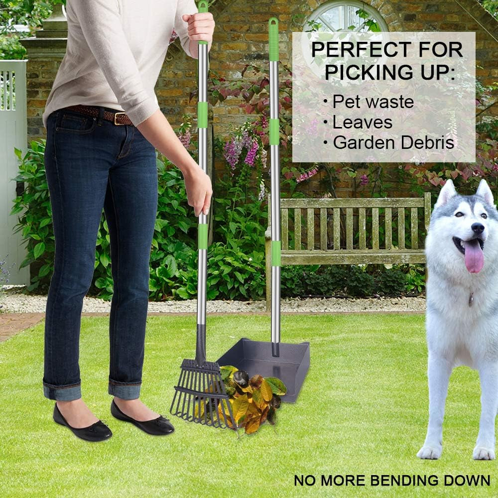 Extra Large Dog Pooper Scooper, Metal Pet Poop Tray & Rake Set, Adjustable Long Handle for Large Dogs - Great for Grass/Street/Gravel