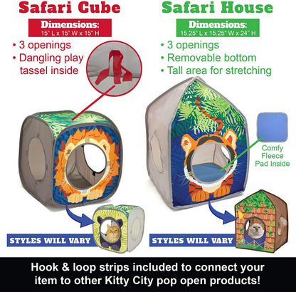Safari Jungle Tiger Pop-Up Cat House, Collapsible Indoor Cat Hideout with Peekaboo Openings, Lightweight Foldable Cat Playhouse