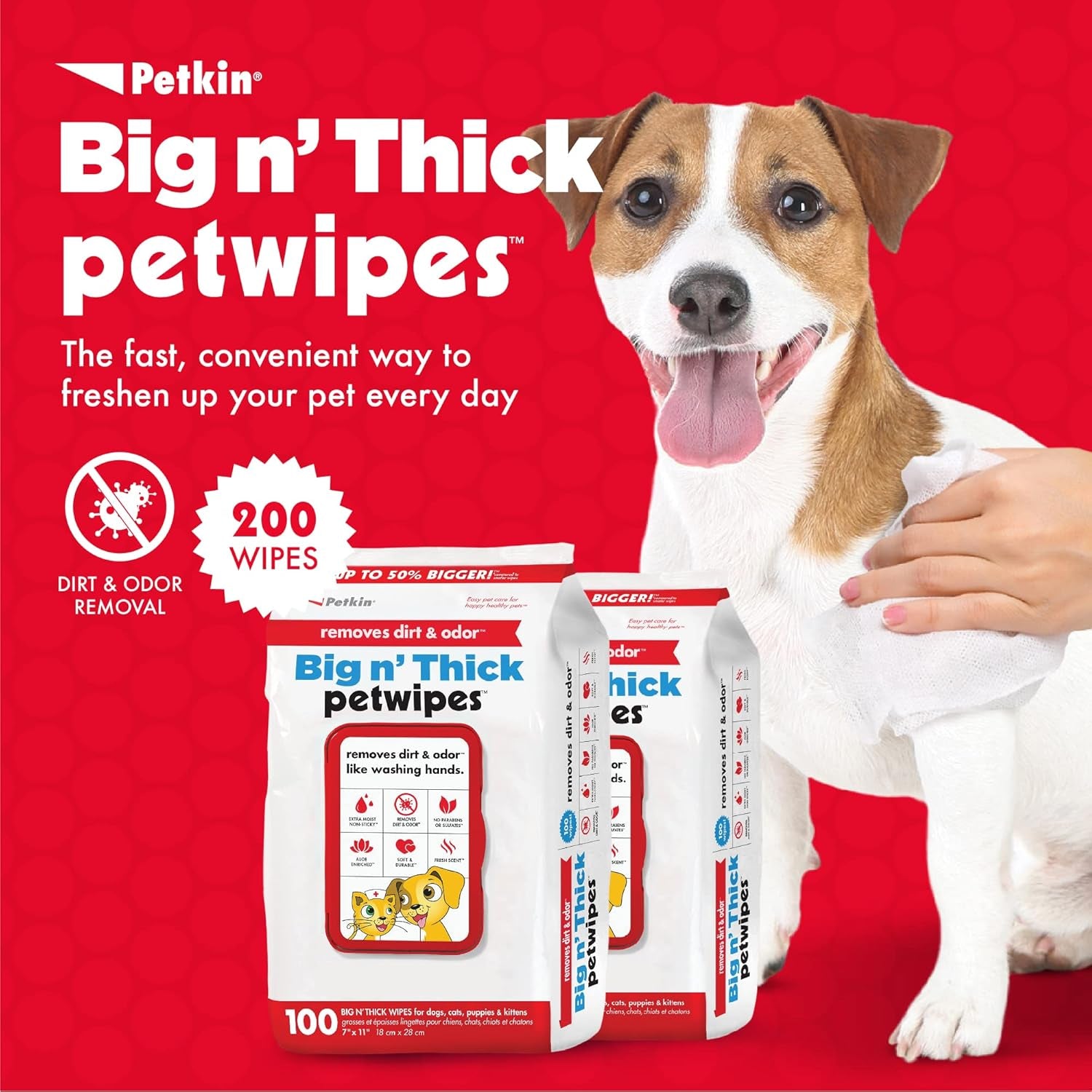 Pet Wipes for Dogs and Cats, 200 Large Wipes - Removes Dirt & Odor like Washing Hands - Cleans Ears, Face, Butt, Eyes Area - Convenient, Ideal for Home or Travel - 2 Packs of 100 Wipes