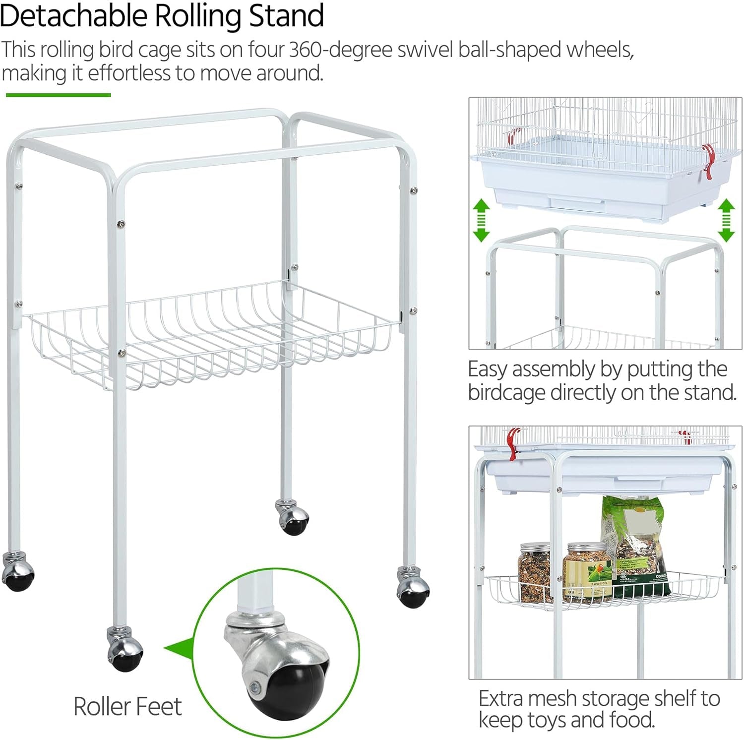 Yaheetech 64-Inch Open Play Top Bird Cages for Parakeets Cockatiels Finches Lovebirds Canaries Conures Budgies Parrot Birdcage W/Detachable Rolling Stand, White