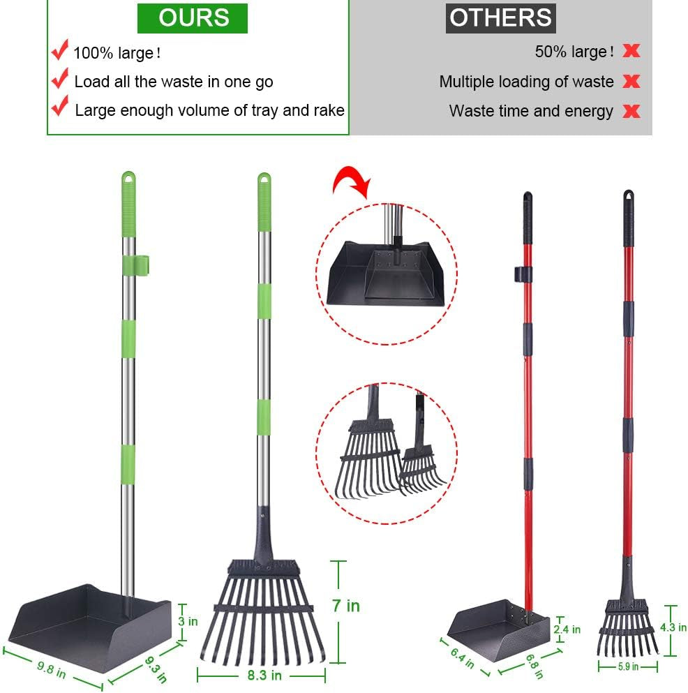 Extra Large Dog Pooper Scooper, Metal Pet Poop Tray & Rake Set, Adjustable Long Handle for Large Dogs - Great for Grass/Street/Gravel