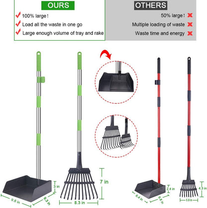 Extra Large Dog Pooper Scooper, Metal Pet Poop Tray & Rake Set, Adjustable Long Handle for Large Dogs - Great for Grass/Street/Gravel