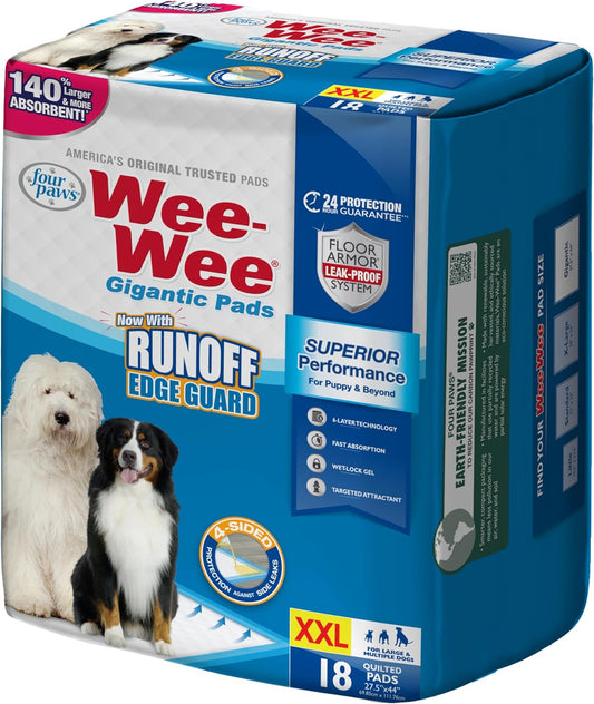 Wee-Wee Superior Performance Pee Pads for Dogs with Runoff Barrier Edge Guard Protection, Puppy & Dog Potty Training Pads, Housebreaking Supplies, 27.5" X 44" (18 Count)