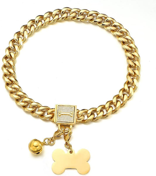 Gold Chain Dog Collar Walking Trainning Chain Collar with CZ Lock ID Tag and Bell Chew Proof 11MM/15MM/19MM Stainless Steel Cuban Link Chain for Small Medium Large Dogs (15Mm, 10Inch)