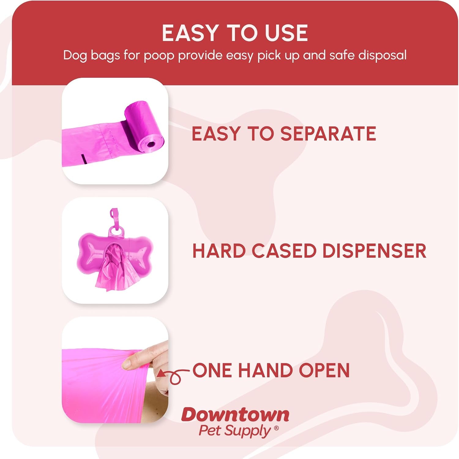 Poop Bags for Dogs with Dispenser, 220 Count - Leak-Proof Dog Waste Bags and Bone-Shaped Dog Poop Bags Holder for Leash - Pink, 12.5" X 8.5"