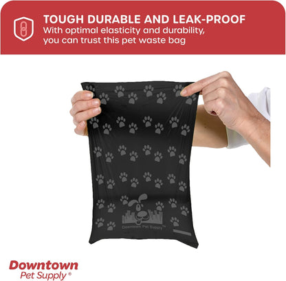 500 Pet Waste Bags, Dog Waste Bags, Bulk Poop Bags with Leash Clip and Bone Bag Dispenser - (500 Bags, Black with Paw Prints)
