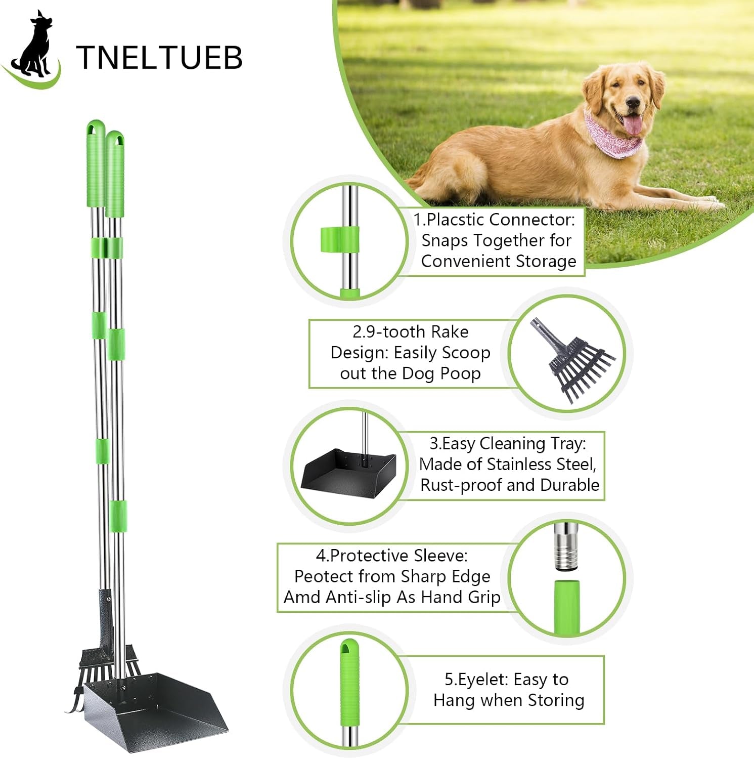 Extra Large Dog Pooper Scooper, Metal Pet Poop Tray & Rake Set, Adjustable Long Handle for Large Dogs - Great for Grass/Street/Gravel