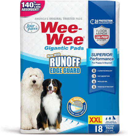 Wee-Wee Superior Performance Pee Pads for Dogs with Runoff Barrier Edge Guard Protection, Puppy & Dog Potty Training Pads, Housebreaking Supplies, 27.5" X 44" (18 Count)