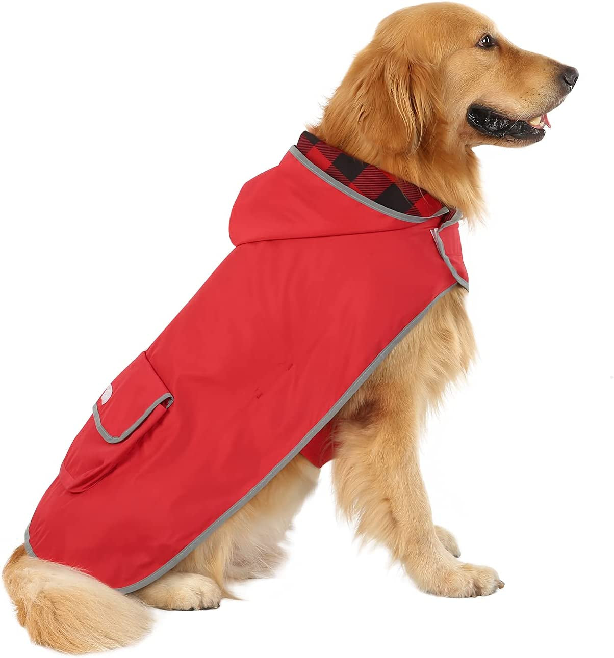 Reversible Dog Raincoat Hooded Slicker Poncho Rain Coat Jacket for Small Medium Large Dogs Buffalo Plaid Red - XXL