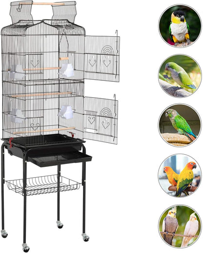 Yaheetech 64'' Bird Cage, Open Top Parakeet Cage W/Slide-Out Tray, Feeders, Detachable Rolling Stand, Bird Cages for Parrot, Cockatiel, Budgie, Parakeets, Lovebird, Small Medium Birds