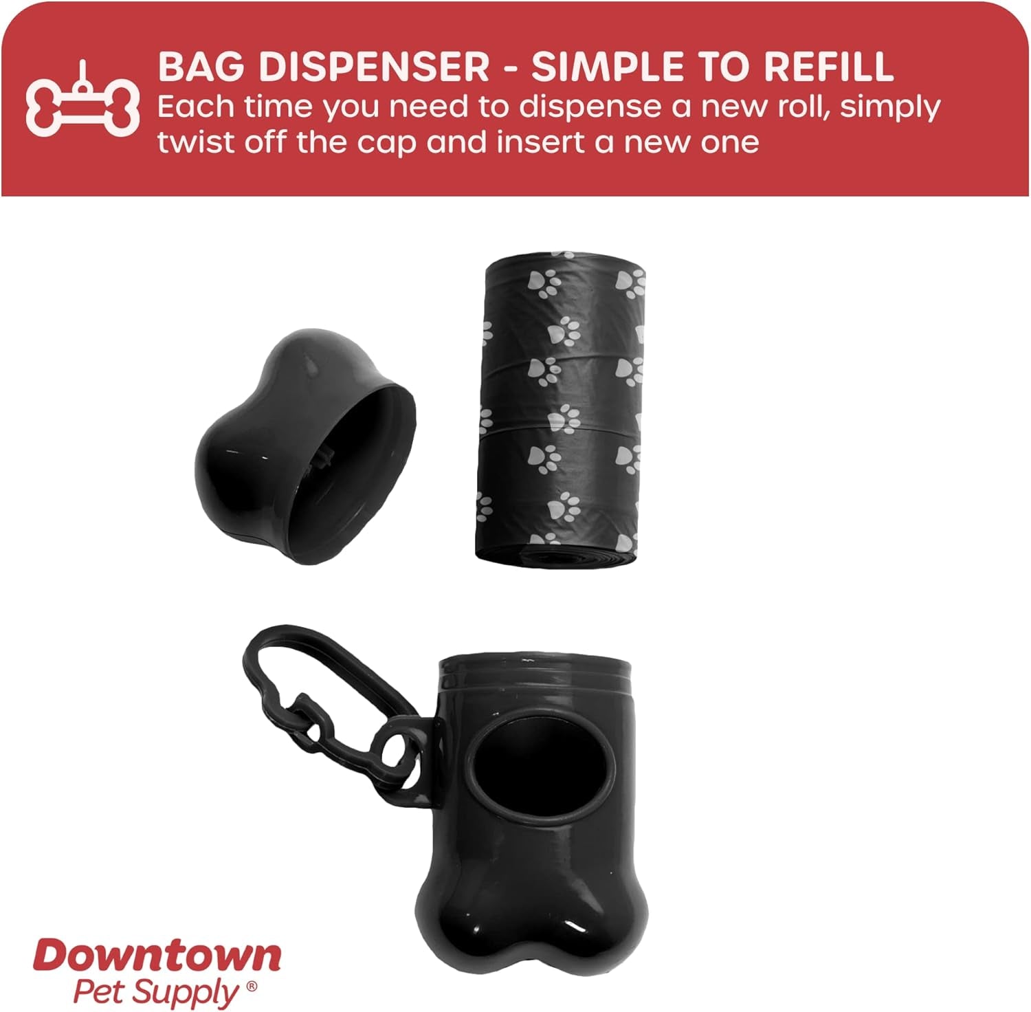 500 Pet Waste Bags, Dog Waste Bags, Bulk Poop Bags with Leash Clip and Bone Bag Dispenser - (500 Bags, Black with Paw Prints)