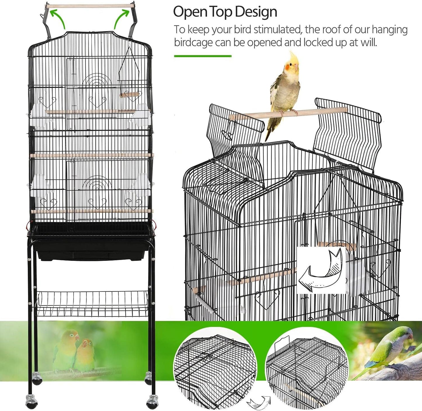 Yaheetech 64'' Bird Cage, Open Top Parakeet Cage W/Slide-Out Tray, Feeders, Detachable Rolling Stand, Bird Cages for Parrot, Cockatiel, Budgie, Parakeets, Lovebird, Small Medium Birds