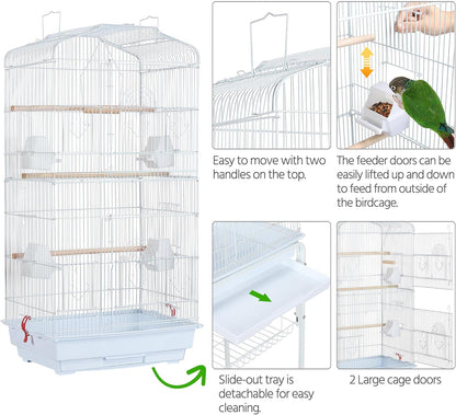 Yaheetech 64-Inch Open Play Top Bird Cages for Parakeets Cockatiels Finches Lovebirds Canaries Conures Budgies Parrot Birdcage W/Detachable Rolling Stand, White