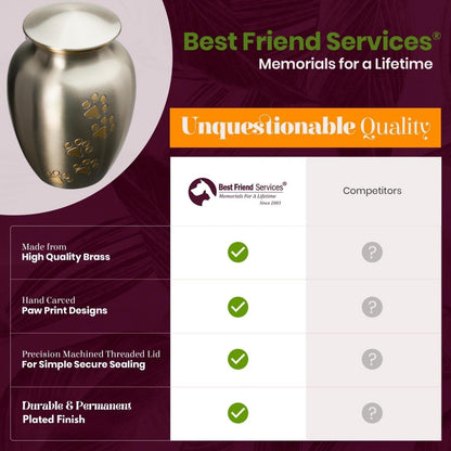 Ottillie Paws Legacy Series Pet Urn for Dogs and Cats, Handmade Brass Memorial Cremation Urn (Small - Pets up to 25 Lbs, Pewter, Vertical Brass Paws)