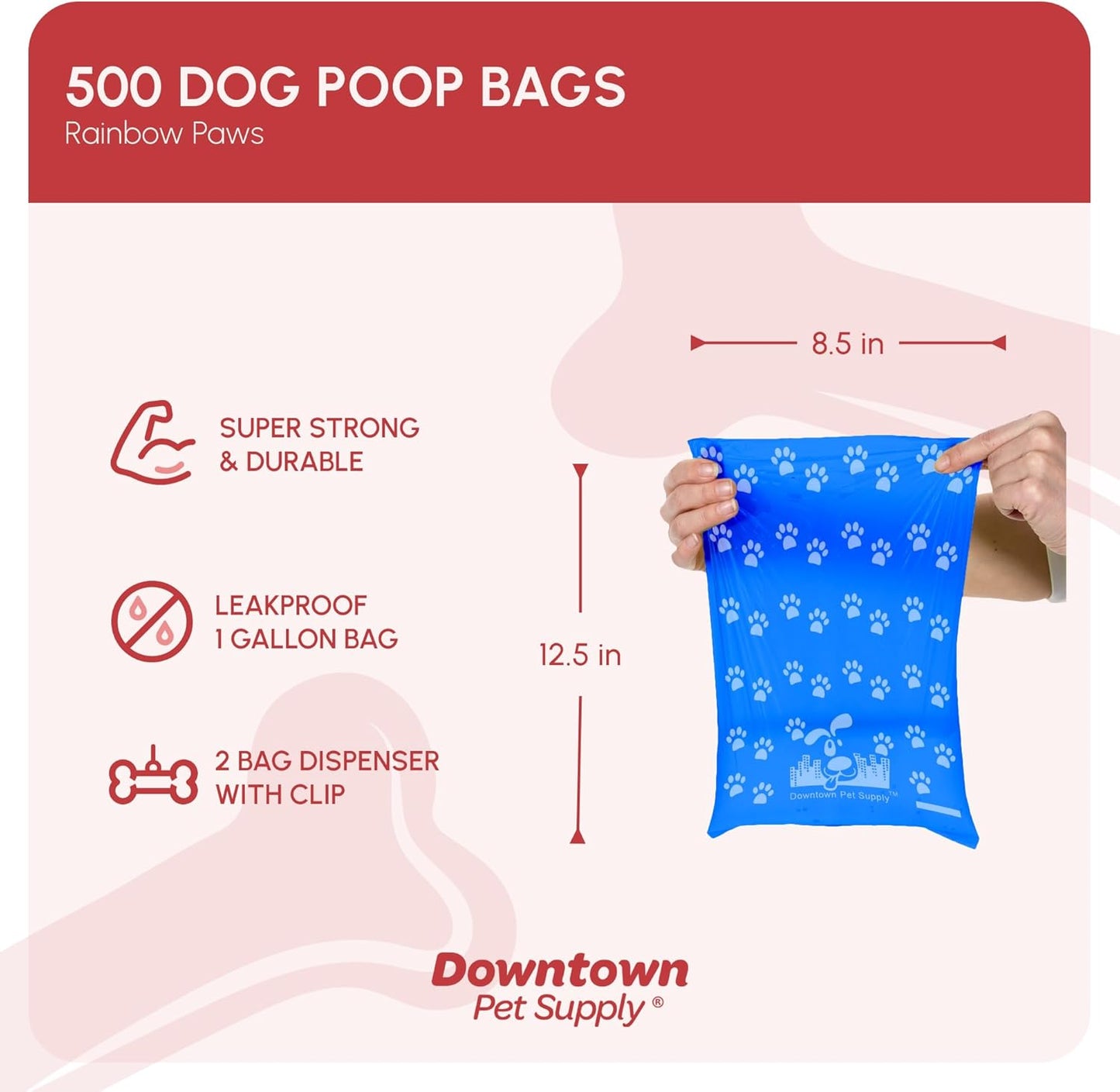 Poop Bags for Dogs with Dispenser, 500 Count - Leak-Proof Dog Waste Bags and Bone-Shaped Dog Poop Bags Holder for Leash - Rainbow with Paw Prints, 12.5" X 8.5"