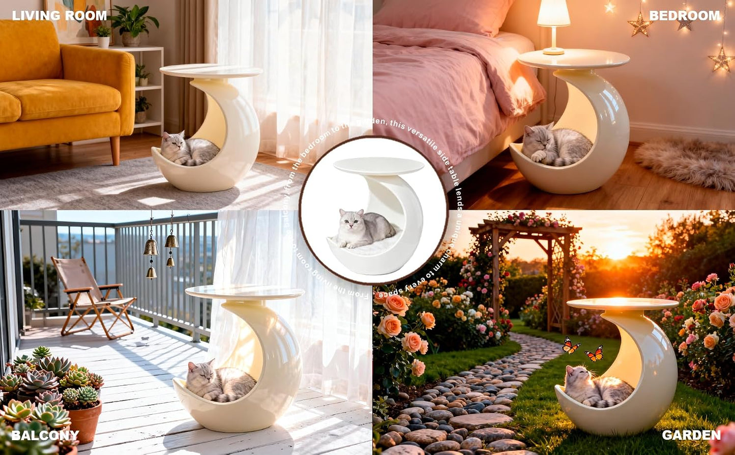 Crescent Moon 2-In-1 Human & Pet Side Table, Resin Cat Cave Hideout, Indoor Cat Shelter Pet Furniture