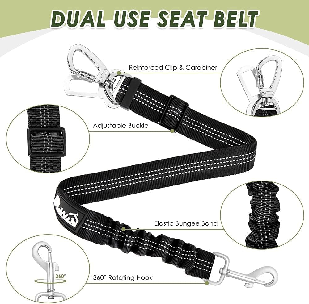 Dog Seatbelt, 2 Pack Dog Seat Belt Car Leash Adjustable Elastic Bungee Buffer Heavy Duty Nylon Reflective Pet Safety Tether Connect to Dog Harness for Travel Riding in Vehicle (Daul Clip, B)