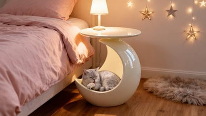 Crescent Moon 2-In-1 Human & Pet Side Table, Resin Cat Cave Hideout, Indoor Cat Shelter Pet Furniture