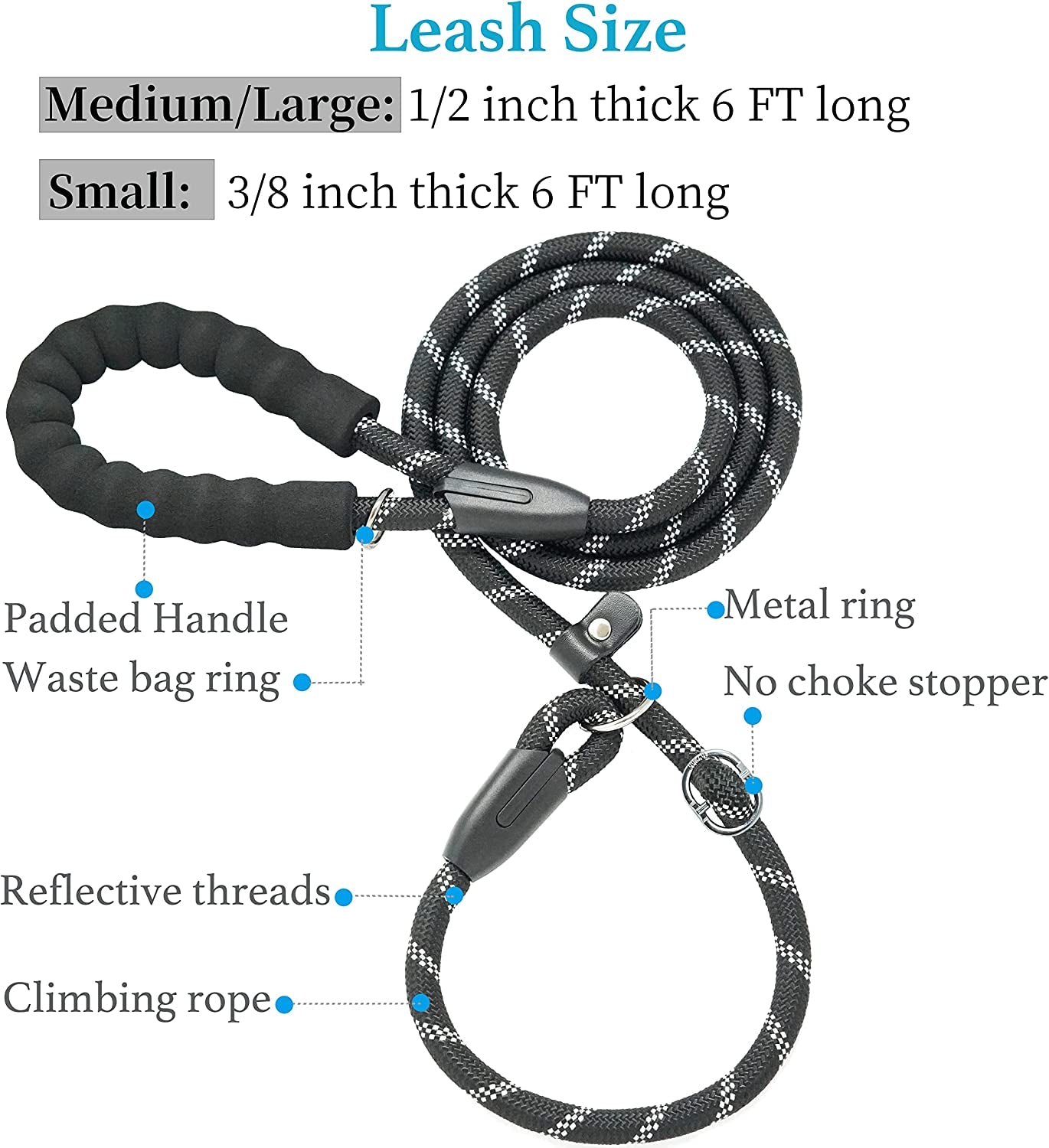 Durable Slip Lead Dog Leash with Padded Handle and Highly Reflective Threads, No Pull Dog Training Leash, (3/8" X 6 FT, Black)