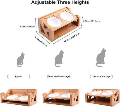 Cat Bowls Pet Dining Table with Raised Slope Wooden Stand Elevated Pet Bowls with Oblique Stand for More Comfortable Eating for Cats, Dogs, Kitten and Puppy (Double Bowl, Liftable)