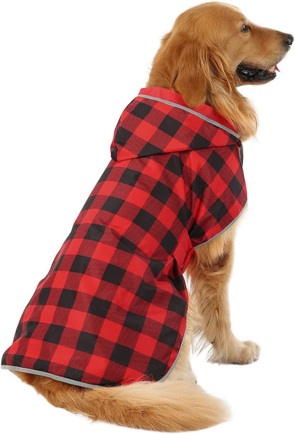 Reversible Dog Raincoat Hooded Slicker Poncho Rain Coat Jacket for Small Medium Large Dogs Buffalo Plaid Red - XXL