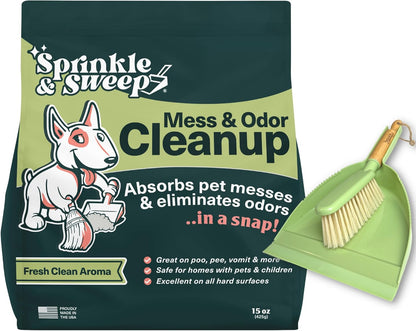 : Pet Mess & Odor Cleanup Duo - 15Oz Bag & Dustpan Broom - Dog Accident Clumping Powder, Remove Urine-Poop-Vomit from Hard Services