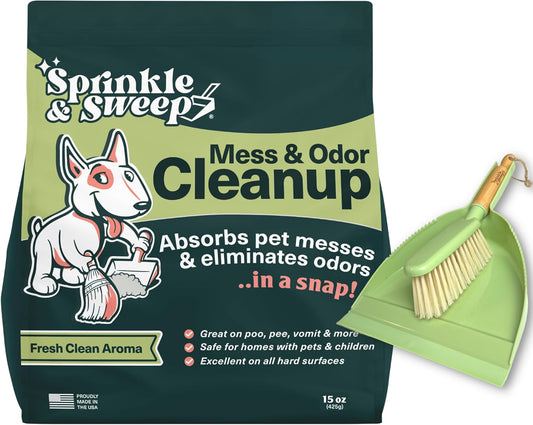 : Pet Mess & Odor Cleanup Duo - 15Oz Bag & Dustpan Broom - Dog Accident Clumping Powder, Remove Urine-Poop-Vomit from Hard Services