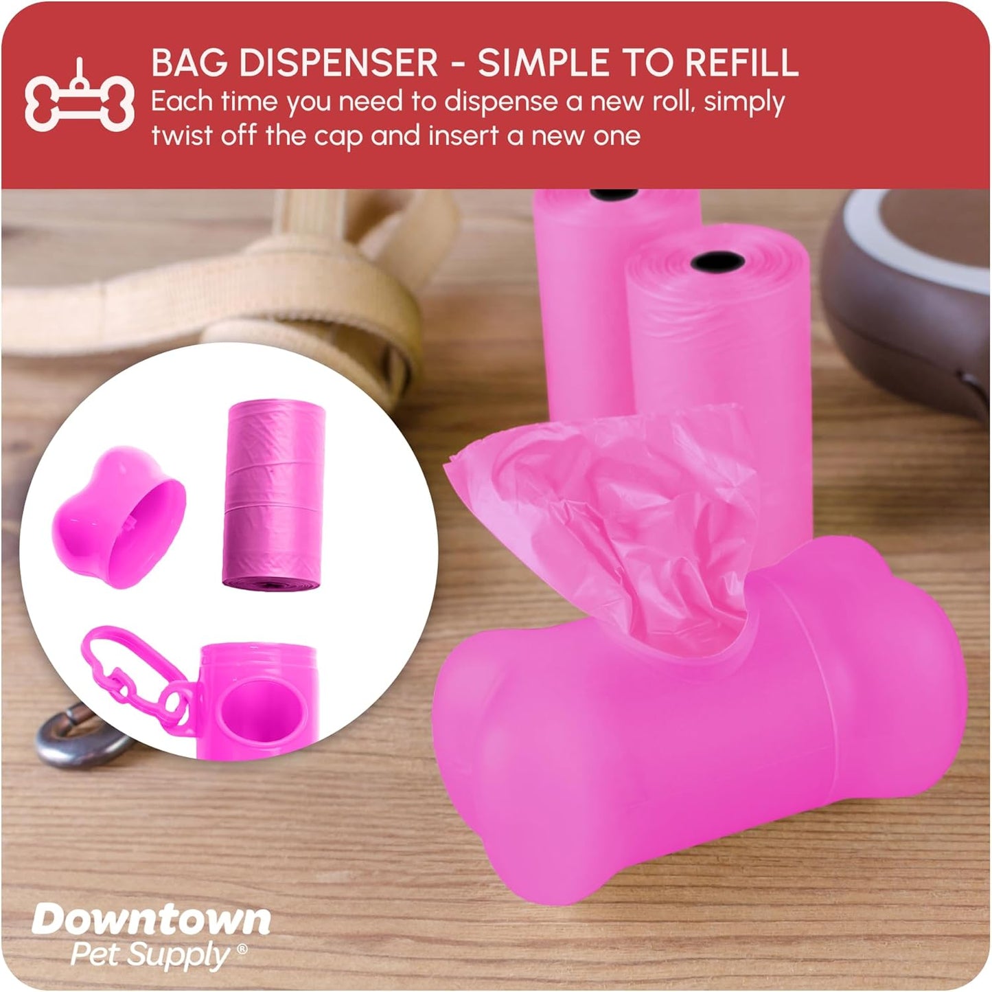 Poop Bags for Dogs with Dispenser, 220 Count - Leak-Proof Dog Waste Bags and Bone-Shaped Dog Poop Bags Holder for Leash - Pink, 12.5" X 8.5"