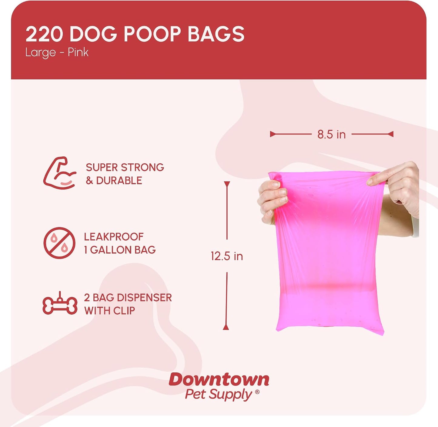 Poop Bags for Dogs with Dispenser, 220 Count - Leak-Proof Dog Waste Bags and Bone-Shaped Dog Poop Bags Holder for Leash - Pink, 12.5" X 8.5"