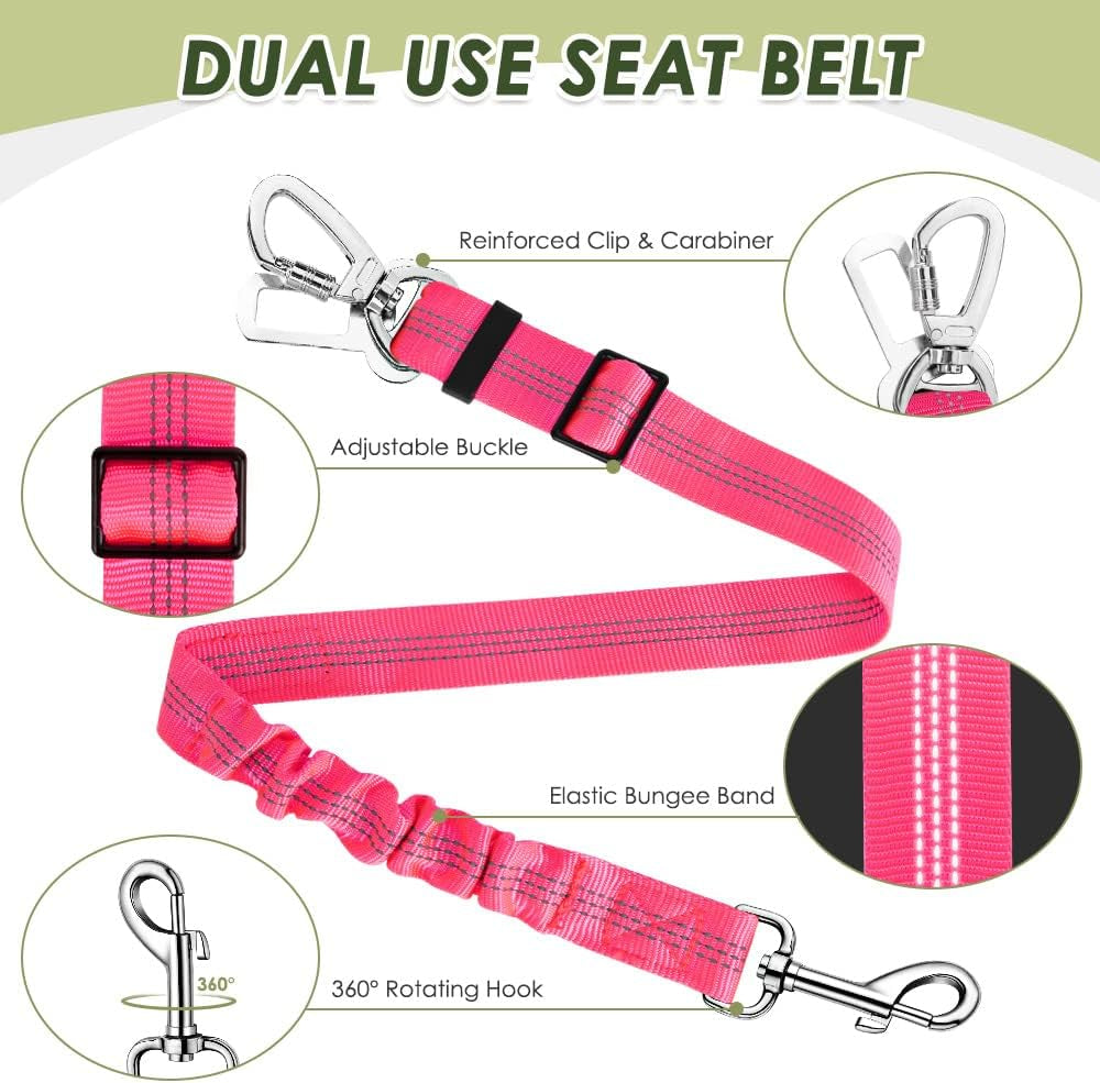 Dog Seatbelt, 2 Pack Dog Seat Belt Car Leash Adjustable Elastic Bungee Buffer Heavy Duty Nylon Reflective Pet Safety Tether Connect to Dog Harness for Travel Riding in Vehicle (Daul Clip, FL)