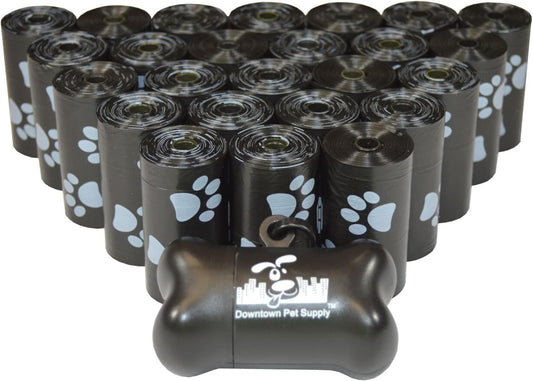500 Pet Waste Bags, Dog Waste Bags, Bulk Poop Bags with Leash Clip and Bone Bag Dispenser - (500 Bags, Black with Paw Prints)