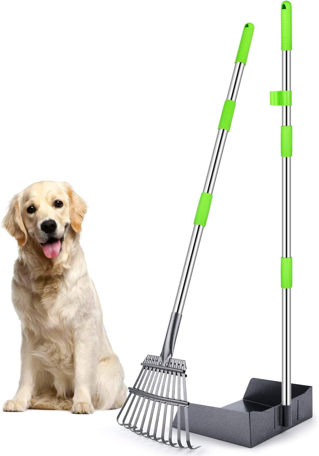 Extra Large Dog Pooper Scooper, Metal Pet Poop Tray & Rake Set, Adjustable Long Handle for Large Dogs - Great for Grass/Street/Gravel
