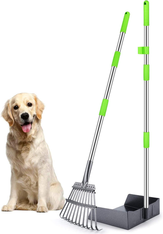 Extra Large Dog Pooper Scooper, Metal Pet Poop Tray & Rake Set, Adjustable Long Handle for Large Dogs - Great for Grass/Street/Gravel